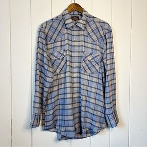 Vintage 80's Western Fashions Light Blue Plaid Button Down Shirt. Size Large.